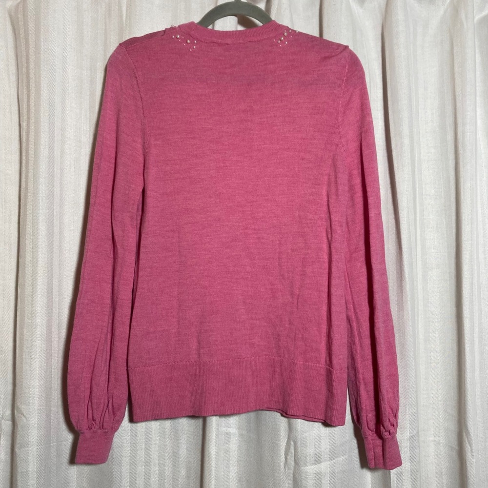 Elie Tahari Pink Merino Wool Pearl Embellished Cutout Neck Sweater S Preppy - Picture 2 of 7